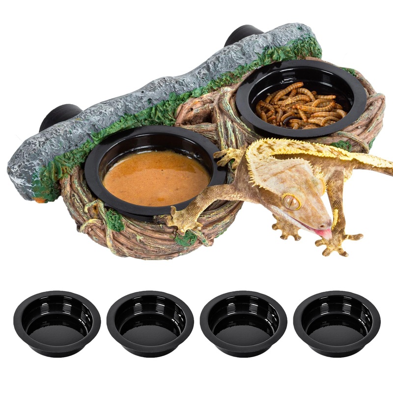 REPTI ZOO Magnetic Reptile Feeding Ledge, Gecko Feeder Ledge with 4PCS Cups, Hollow Vine Food Dish, Reptile Water Bowl for Bearded Dragon Lizard Snake, Reptile Terrarium Tank Accessories Dual Feeder