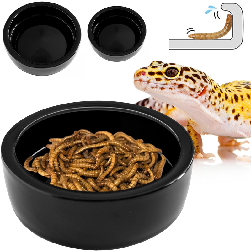 Reptile Food Dish Bowl – Anti-Escape Ceramic Worm Water Dish Feeder for Mealworm, Superworm, Dubia Roaches, Lizard, Leopard Gecko, Bearded Dragon, Chameleon, Skink, Tegu, Snake (Large, Black) Large