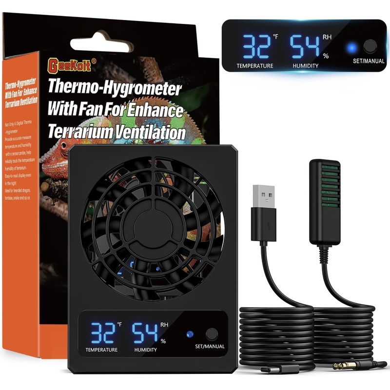 Reptile Terrarium Thermometer Hygrometer with Terrarium Ventilation Fan for Pet Rearing Box Reptile Tank LED Digital Reptile Thermometer and Humidity Gauge for Snake Bearded Dragon Gecko Frog