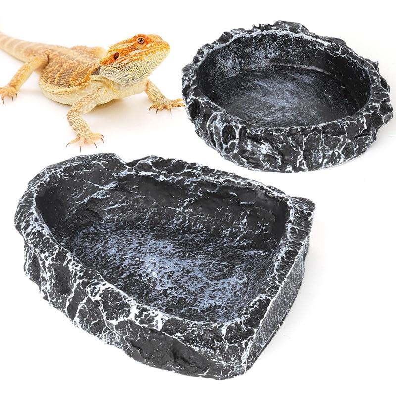 Reptile Water Dish Food Bowl for Bearded Dragon Tank Accessories, Hygger zoo Reptile Rock Feeder for Reptile Tank 2 Pack Corner Resin Terrarium Bowl for Leopard Gecko Hermit Crab Tortoise Snake, Black