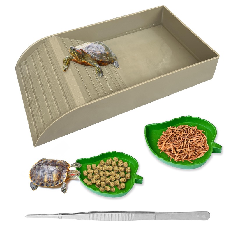 Tortoise Feeding Dish with Ramp and Basking-Platform – Leaf Tortoise Water Food Bowls, Reptile Water Dish Amphibians Habitat, Reptile Water Bowl Fit for Amphibians with Forcep Cleaning Clip Brown