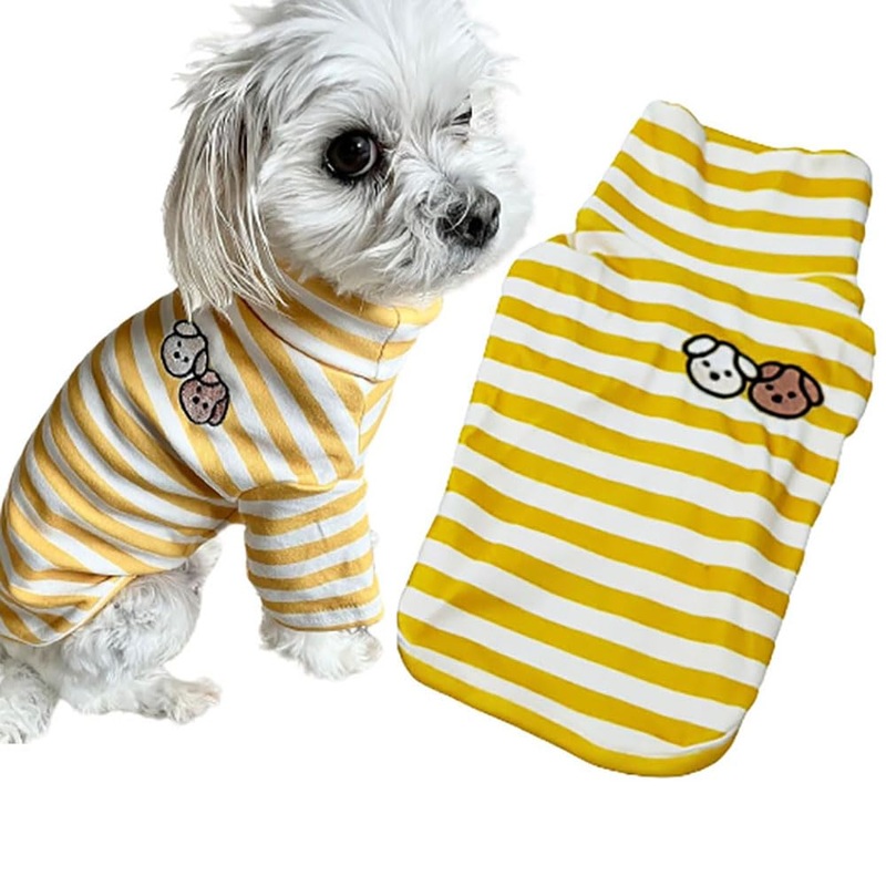 Turtleneck Dog Sweater Cute Doggie Embroidery Super Soft Dog Sweatshirt Dog Shirt Stretchy Striped Puppy Pullover for Cats Small Medium Large Dog(X-Large, Yellow Striped) X-Large