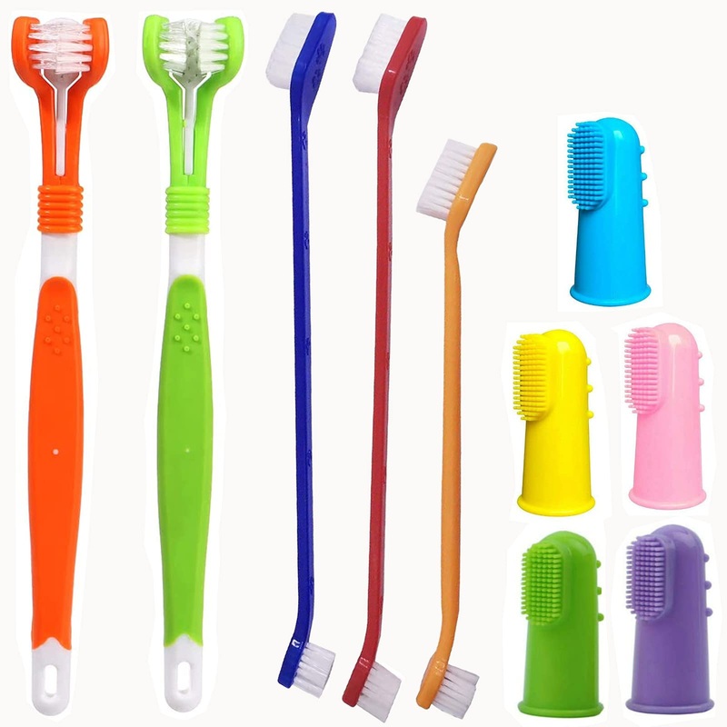 10 Pack Pet Dog Toothbrush, 2 Triple Head Pet Toothbrushes 3 Double Head Tooth Brush 5 Pack Finger Rubber Toothbrushes, Multi-Angle Dental Cleaning Brushes for Dog Cat Oral Dental Health