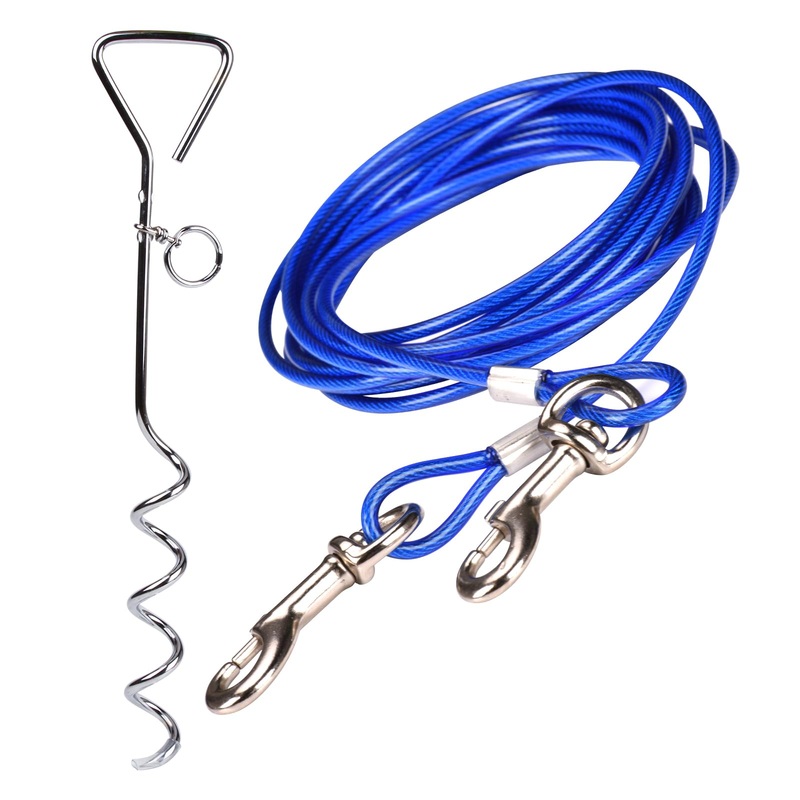 10ft (3m) Dog Tie Out Cable with 18 Inch Spiral Ground Stake Spike Out for Outdoor Yard and Camping Small to Medium Dogs 10ft cable, 18″ stake Blue