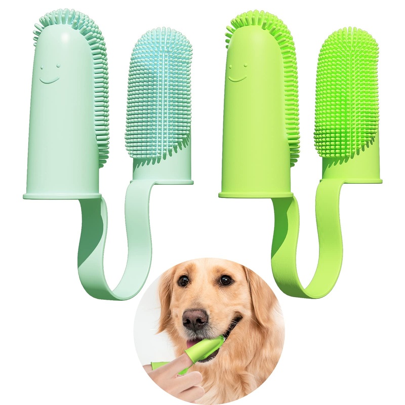 2 Pack Toothbrush for Dog, Finger Toothbrush Kit, 135Surround Bristles for Easy Teeth Cleaning, Double-Finger Toothbrush Dental Care for Puppies, Cats and Small Pets 2 Pcs Bule&Green
