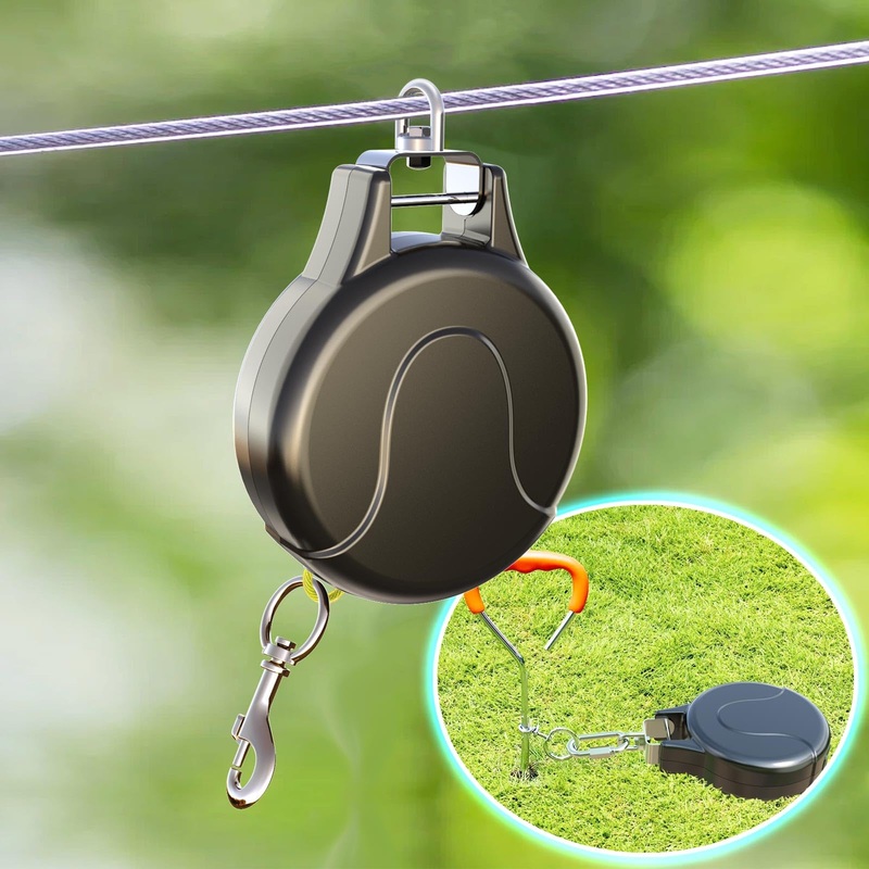 30ft Retractable Dog Tie Out Cable – 2-in-1 Retractable Dog Tie Out for Dog Zipline,Aerial Run Cable,Dog Tie Out Trolley Or Dog Stake Dog Anchor, No Tangle Retractable Tie Out Reel for Camping Or Yard 30FT Black