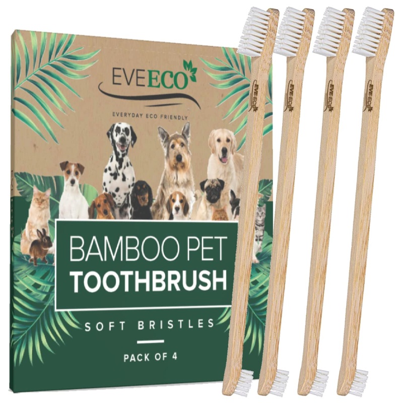 4-Pack Bamboo Dog & Pet Toothbrushes – 2 Brush Heads Large & Small with Extra Long 8.5″ Use with Toothpaste to Eliminate Cavities, Bad Breath, Tartar for Puppies, Cats, Kittens