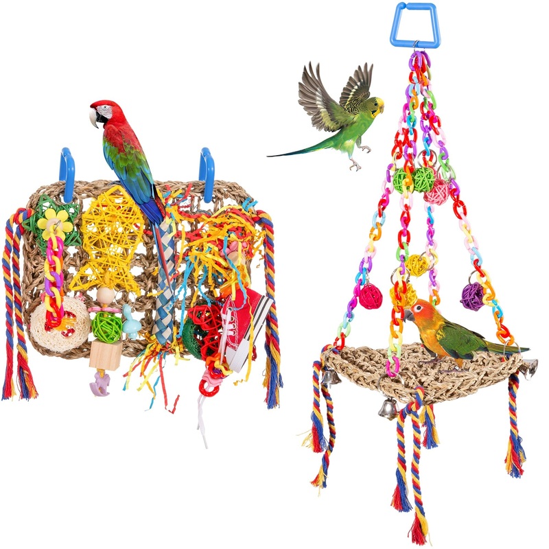 Bird Parakeet Foraging Toys 2PCS – Parrot Cage Accessories Stuff, Natural Woven Climbing Perch Nest, Chewing Toys for Budgerigars, Conure, Cockatiel, Finch, Lovebirds, and Medium, Small Birds