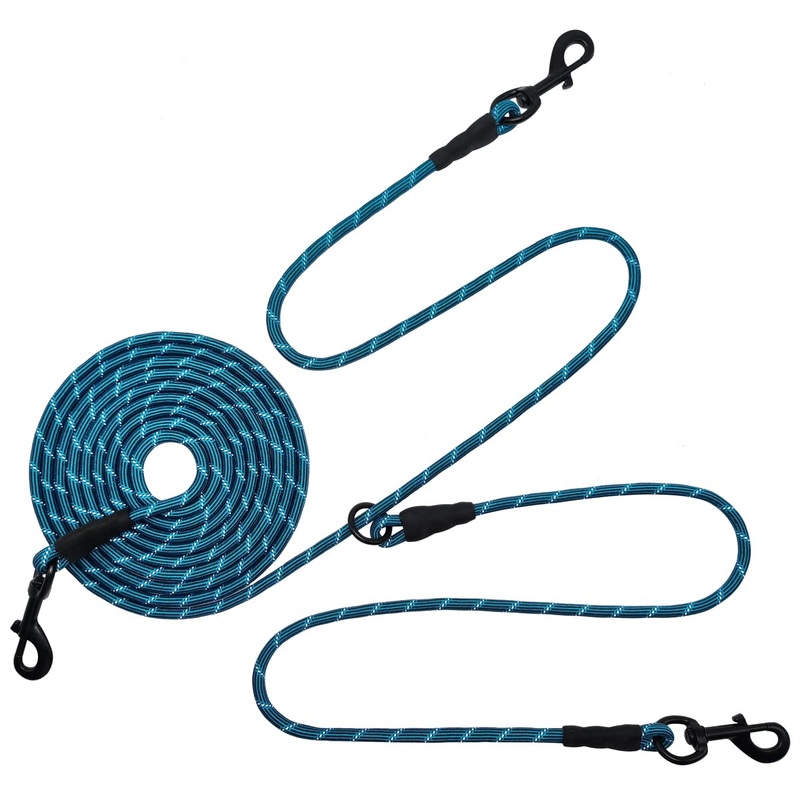 BTINESFUL 12FT 20FT 30FT Reflective Dog Tie Out for 2 Dogs, No Tangle 1/3 Inch Nylon Rope Tether for Two Dogs, Dog Trolley Runner for Yard Outdoor Camping Blue 12 ft x 1/3″