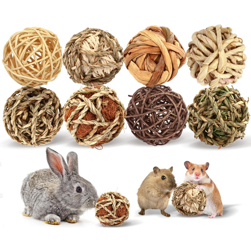 Bunny Chew Grass Balls, Rolling Chew Toys for Small Animals, Improving Dental Health, Natural Chew Grass Toys for Rabbits, Guinea Pigs, Chinchillas, Hamsters, Mice (8 Pcs) Styles-2