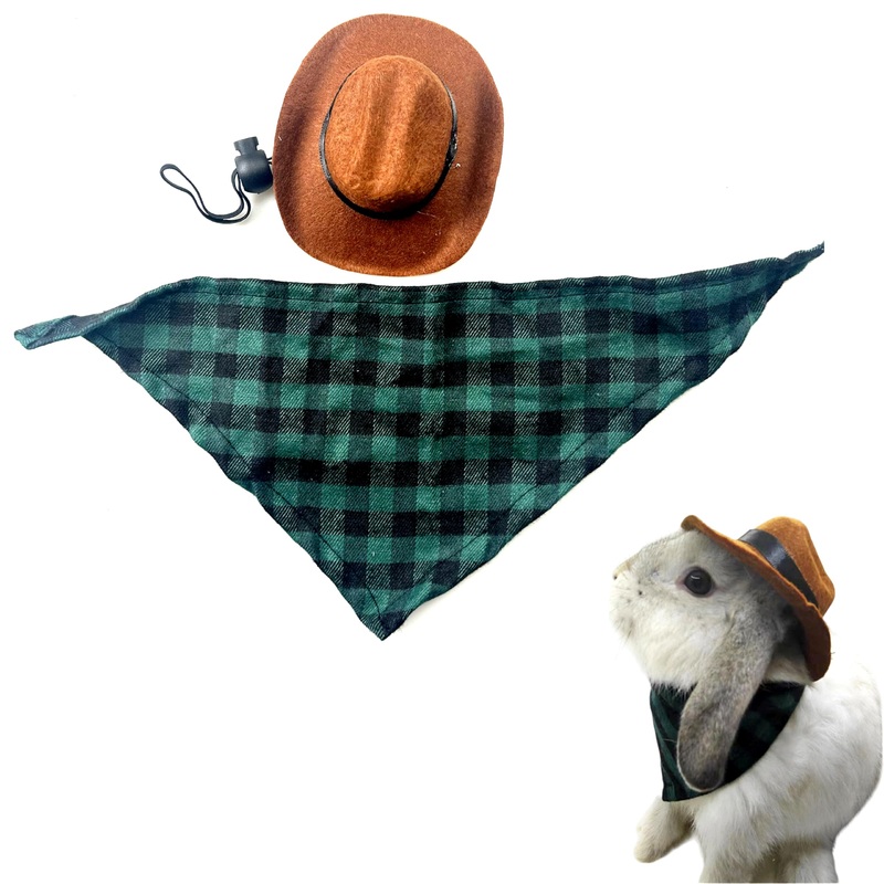 Cute Rabbit Cowboys Hat and Scarf Set, Funny Rabbits Pet Cowboy’s Hat Scarf Outfits, Rabbits Dog Cat Pets Halloween Costume Hats Clothes Bunny Stuff Gifts Supplies Accessories (Coffee-Green Grid) Coffee-Green Grid