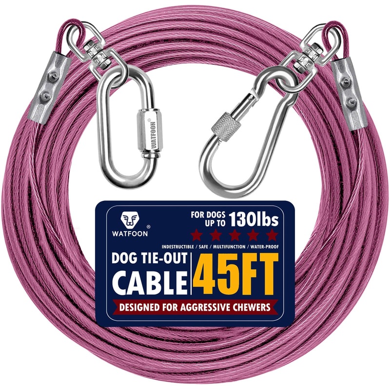 Dog Leads for Yard 35ft 45ft 55ft 65ft 75ft 85ft Dog Tie Out Cable Runner Steel Tieout Heavy Duty Tether Chew Proof Long Dog Chains for Outside, Camping, Park (Pink, 45ft) Pink
