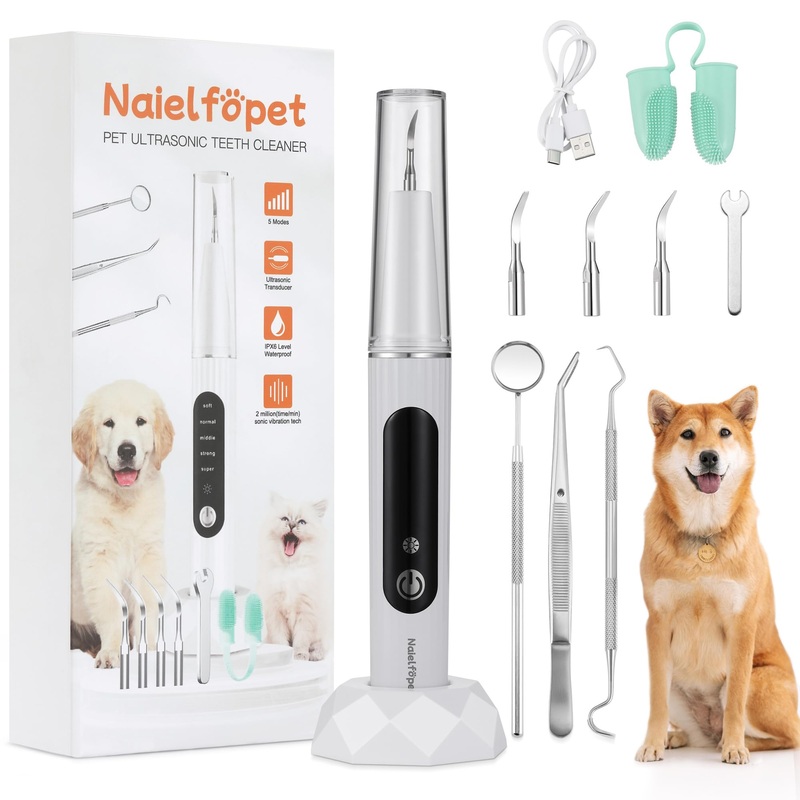 Dog Plaque Remover for Teeth, Pet Tooth Brushing Kit, Pet Ultrasonic Tooth Cleaner, Dental Tools to Remove Plaque and Tartar for Dogs and Cats with LED Light & 5 Adjustable Modes, White
