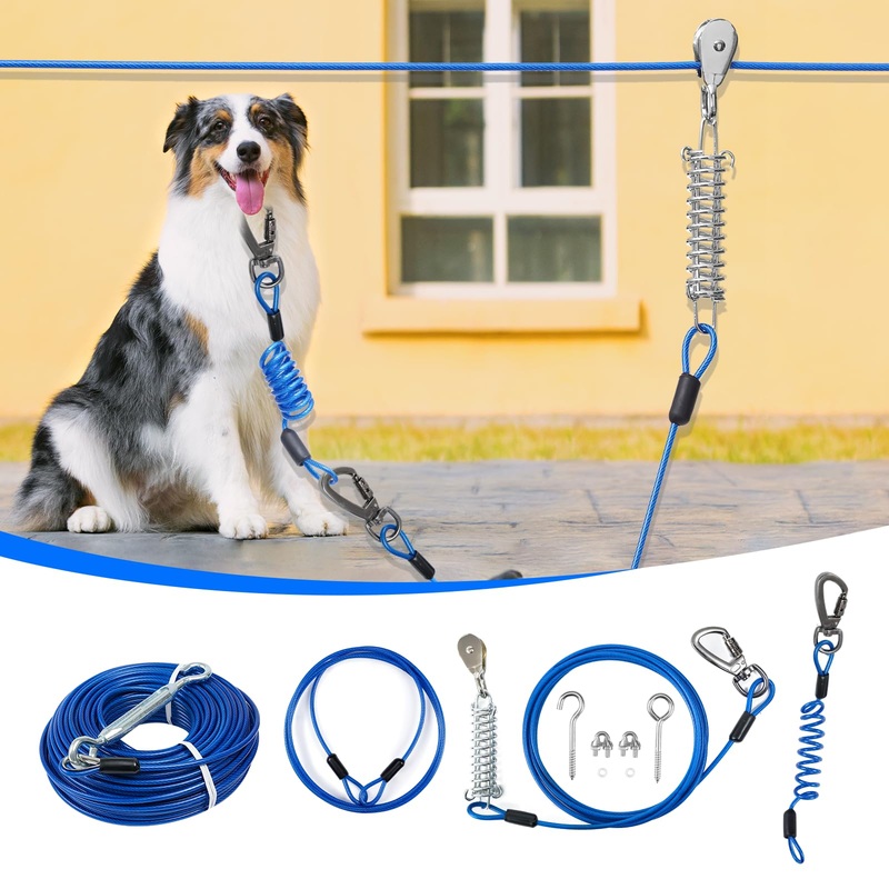 Dog Runner for Yard,Double Shock Absorption Dog Trolley System for Large Dogs,Heavy Duty 50FT Dog Tie Out Run Cable with 10FT Dog Leads,for Dogs Up to 250LBS,Aerial Dog Zipline for Outside,Camping 50 FT,250LBS Blue