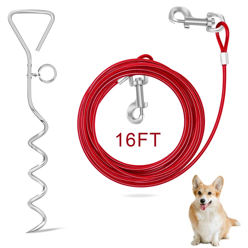 Dog Tie Out Cable and Stake, 16FT Outdoor Dog Stake for Yard Training, Running, Hiking,Camping, 16 Inch Heavy Duty Dog Anchor Spiral Stake for Small to Medium Dogs(Red) red-16FT