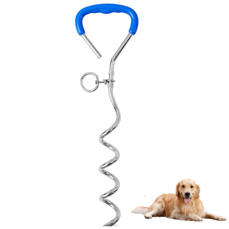 Dog Tie-Out Stake, Heavy Duty 16″ Spiral Anchor Stake for Outside, Yard and Camping, Soft Grip Handle Anti-Rust Stake for Any Dog Cable Leash Chain, Small to Large Dogs Up to 200lbs (Blue, 16″ Stake) Blue