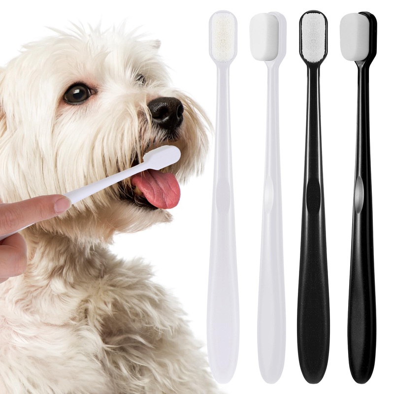 Dog Toothbrush, 4 Pcs Soft Dog Tooth Brushing Kit, Puppy Toothbrush Long Handle Pet Toothbrush Universal for Pet Dogs Teeth Cleaning and Oral Care Dental Hygiene Convenient (Black, White)
