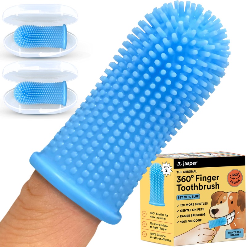 Jasper Dog Toothbrush, 360 Dog Tooth Brushing Kit, Cat Toothbrush, Dog Teeth Cleaning, Dog Finger Toothbrush, Dog Tooth Brush for Small & Large Pets, Dog Toothpaste Not Included – Blue 2-Pack Blue (2-pack)