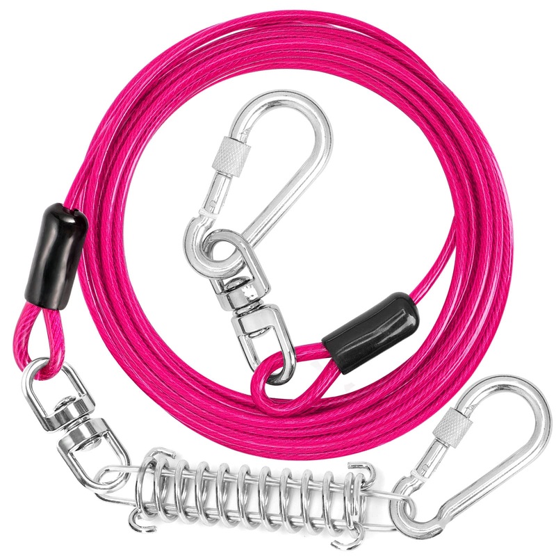 jenico Dog Tie Out Cable, 10/15/20/30/40/50/70/100/150FT Dog Runner Cable with Swivel Hook and Shock Spring, Dog Leash Run Tether for Yard Outdoor and Camping,for Small to Medium Pets Up to 500 LBS Pink 10FT