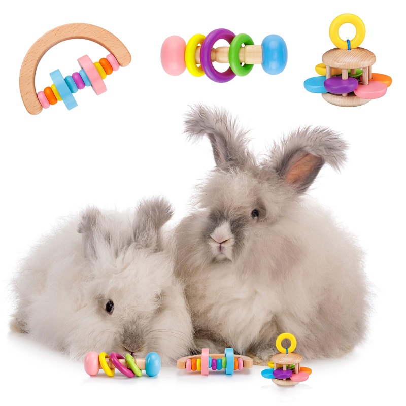 MEWTOGO 3 Pcs Wooden Bunny Toys – Safe Eco-Friendly Rabbit Toys, Bite-Resistant Guinea Pigs Toys for Chinchillas Hamsters Small Animals Playing Teeth Grinding Indoor Outdoor