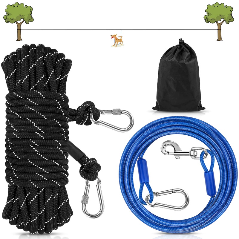 Petbobi Dog Runner for Yard 50ft, Dog Tie Out Cable for Camping with 10ft Dog Run Wire Cable, Portable Reflective Dog Lead Line with 360 Tangle Free &Heavy-Duty Clasp for Yard, Park, Black 50FT+10FT