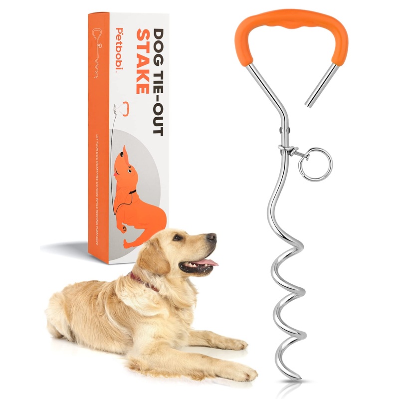 Petbobi Dog Tie Out Stake – 16 Heavy Duty Dog Anchor for Yard Camping, 9mm Solid Steel, Soft Grip Handle Dog Spiral Stake with No Tangle Connect Ring for Small to Large Dogs Up to 120lbs, Orange