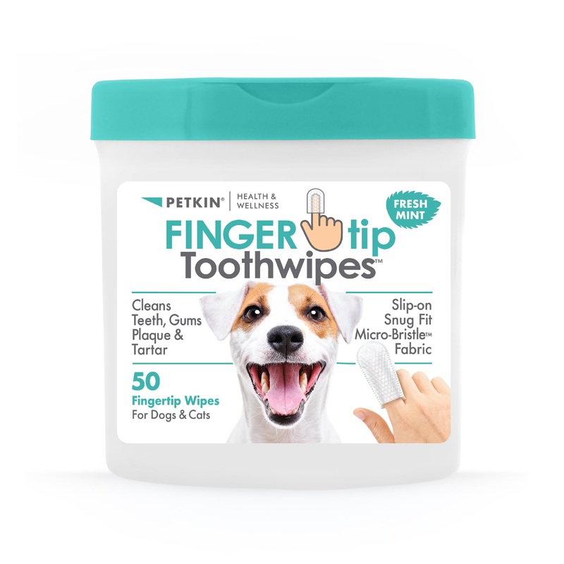 Petkin Fingertip Tooth Wipes for Dogs and Cats, 50 Finger Wipes – Slip-On, Snug Fit, Micro-Bristle Fabric – Cleans Teeth, Gums, Plaque & Tartar – Convenient, Ideal for Home and Travel – Fresh Mint 1 Pack