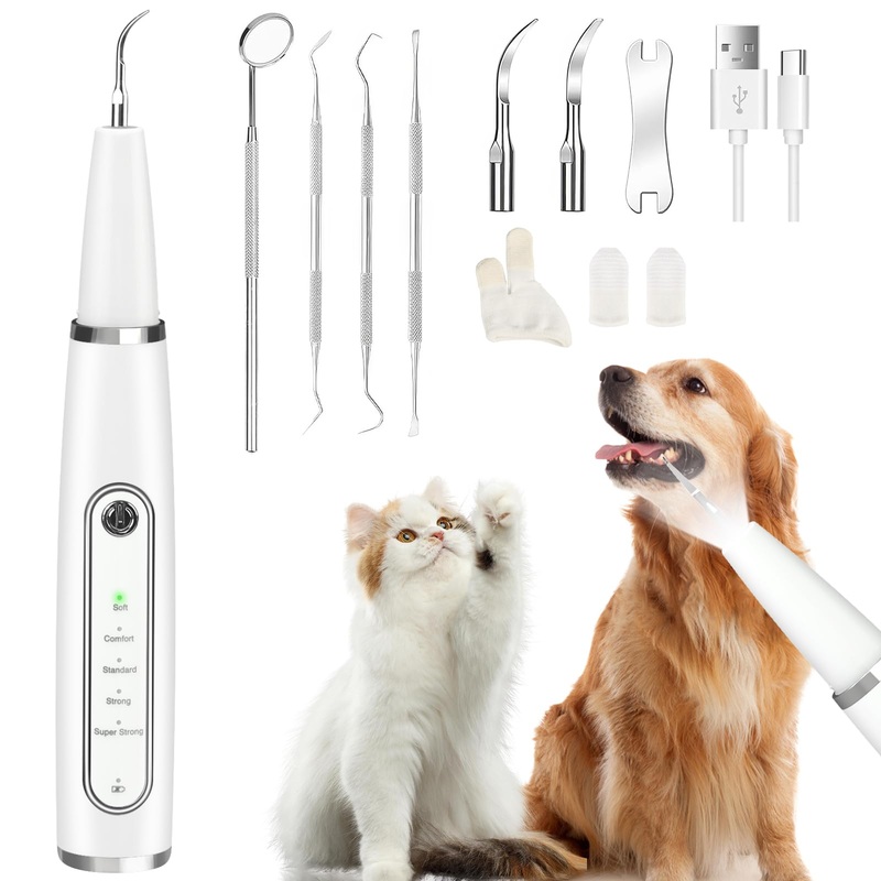 Plaque Remover for Teeth: Dog Teeth Cleaning Kit for Tartar Stains Removal Electric Pet Ultrasonic Tooth Cleaner with LED Light Finger Toothbrush Dental Care for Dog Cat 5 Modes (White)