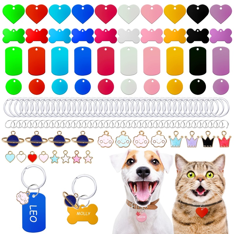 140pcs Pet ID Tag Set with 40pcs Colourful Blank Dog Tags Double Sided Aluminum Cat ID Tags80pcs Stainless Steel Key Rings and 20pcs Charmed Pendants for Dogs Cats Pets Name Phone Number Craft Tag