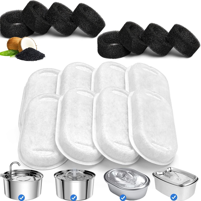 4 Pack / 8 Pack /12 Pack Cat Water Fountain Filters, Replacement Filters for 3.2L/108oz(2L/ 67oz) Stainless Steel Pet Fountain, Dog Water Fountain with 4 Pack / 8 Pack /12 Pack Sponges 8 Carbon Filters + 8 Sponges