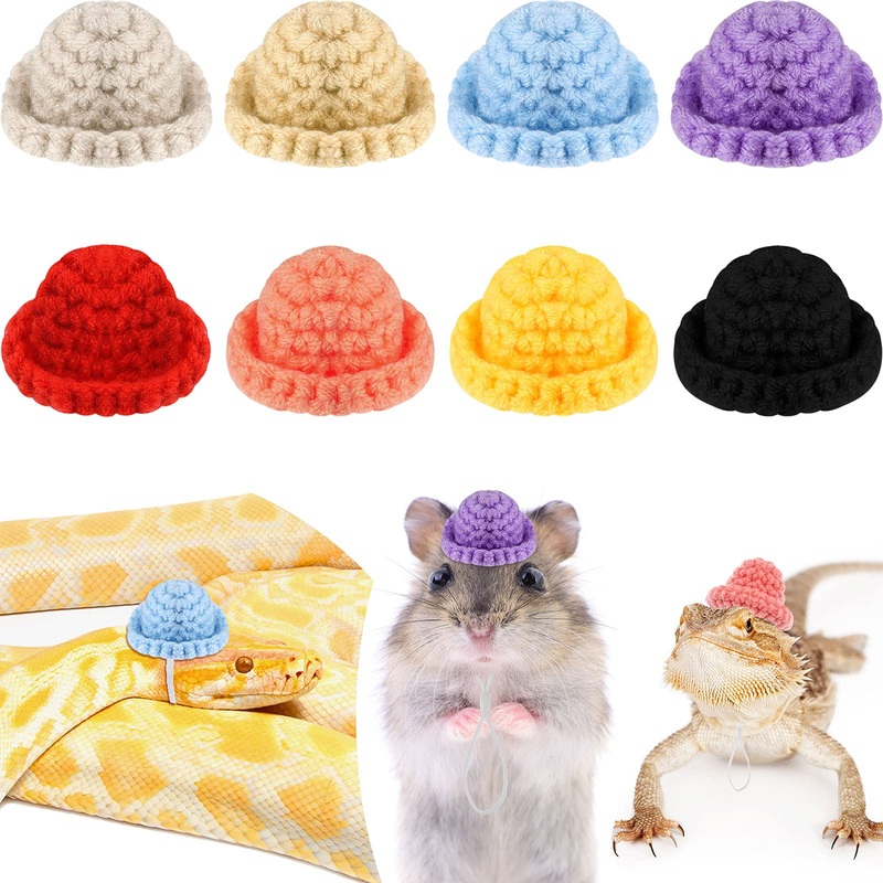 8 Pieces Mini Cute Pet Hat with Adjustable Elastic Chin Strap, Snake Hamster Lizard Guinea Pig Knitted Hat Small Reptile Animal Decoration Supplies Lovely Accessories