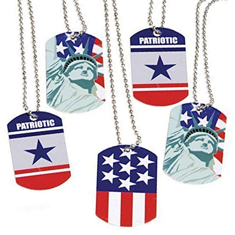 ArtCreativity Patriotic Dog Tags, Pack of 12, Fourth of July Party Favors, Red, White, and Blue Patriotic Necklaces, American Flag Accessories for Kids and Adults, 3 Different Designs