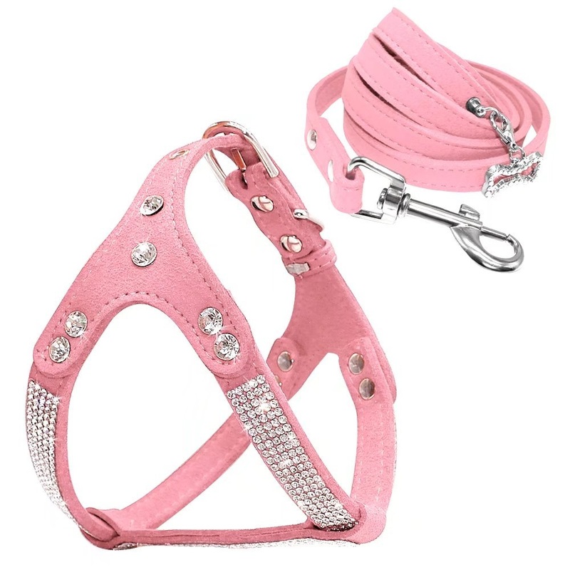 Beirui Soft Suede Rhinestone Leather Dog Harness Leash Set Cat Puppy Sparkly Crystal Vest & 4 ft Lead for Small Medium Cats Pets Chihuahua Poodle Shih Tzu Chest:17-19.5″ Pink