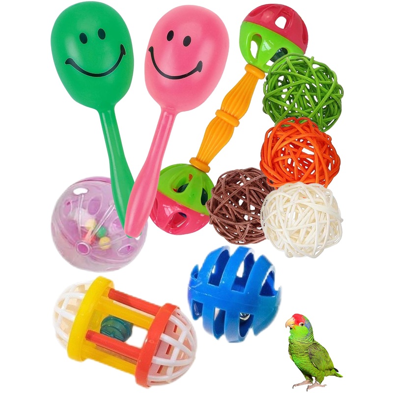 Bird Toy Set with Natural Rattan Balls Plastic Bell Balls for Parrots Safe Materials Encourages Play Perfect for Cage Home Decoration
