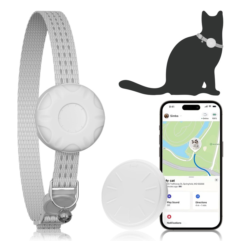Cat Tracker,GPS Pet Tracker for Cats (Only iOS),Waterproof Tracker Cat Collars with Safety Elastic Buckle,Works with Any Collar,No Monthly Fee,Compatible with Apple Find My App White