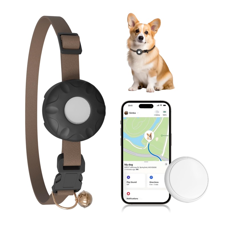 Dog Tracker Collar with Tag and Holder, Pet Tracker for Dogs, Smart Pet Location Waterproof Tracking Collar with Safety Elastic Buckle, No Monthly Fee, Support Apple Find My App (iOS Only)