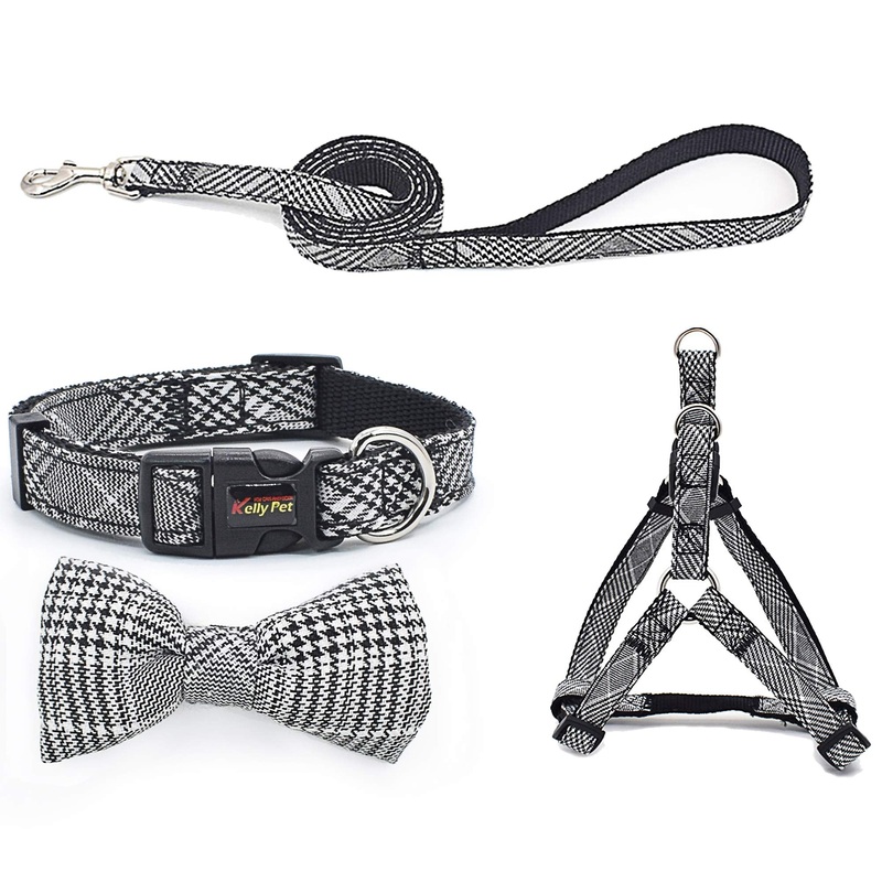 Fas Plus No Pull Dog Harness and Leash Set with Bow Tie Collar,Adjustable Vest Harness Back Clip Heavy Duty 4FT Leash for Small, Medium, Large and Extra Large Dogs. XL Grey/White