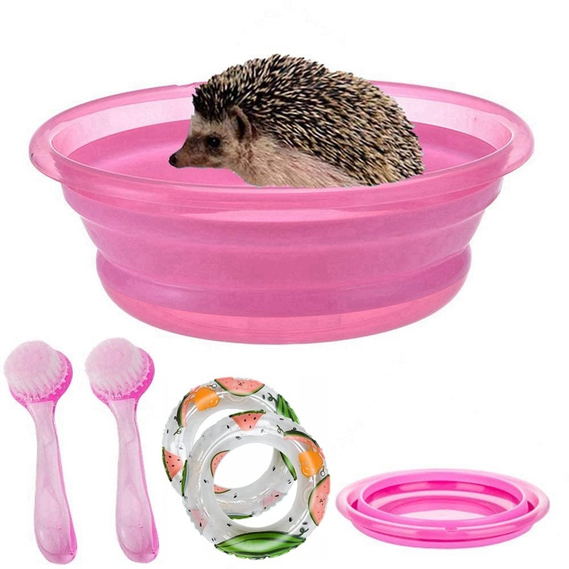 Foldable Hedgehog Bathtub, with 2 Pcs Set Bathing Brush, Plastic Small Animal Swimming Pool, Bath Sand Room Sauna, for Hedgehog Hamster, Guinea Pig,Bearded Dragon (Pink) Pink