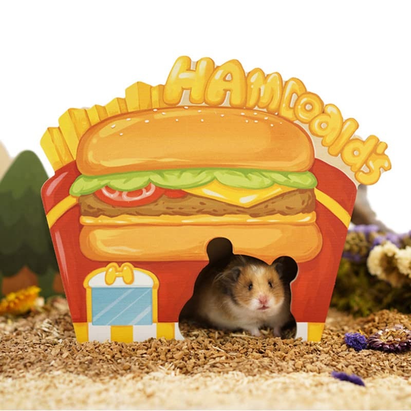 Hamster House Toys with Vivid Caf Shop Pattern, Hamster Hideout for Syrian, Mice, Gerbils, Sugar Gliders, Hamsters Hideaway Hut, Wooden House for Hamster, Hamster Home, Gerbil Houses and Hideouts Hamster Hamburger