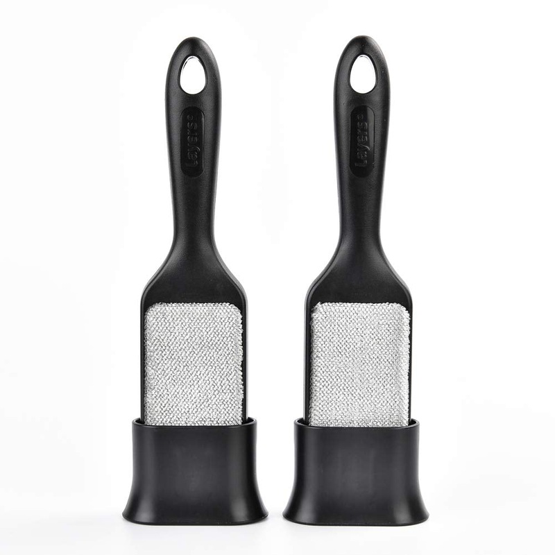 Layers 2 Pack Clothes Lint Brush, Double Sided Reusable Lint Removers for Pet Hair with Self-Cleaning Base(Black)
