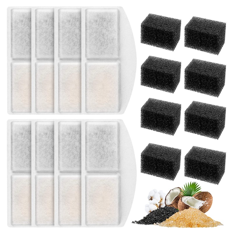 MyfatBOSS Pet Fountain Filter Replacement and Replacement Pre-Filter Sponges, 8+8 Pack Cat Water Fountain Filters and Foam Fit for Veken 100oz/3L Automatic Pet Fountain, Pack of 16