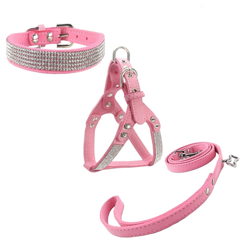 Newtensina Dog Collar & Harness & Lead Sets Fashion Dog Collar Diamante with Harness & Leashes Comfortable Soft Collar Harness and Leashes Set for Dog Small Pink