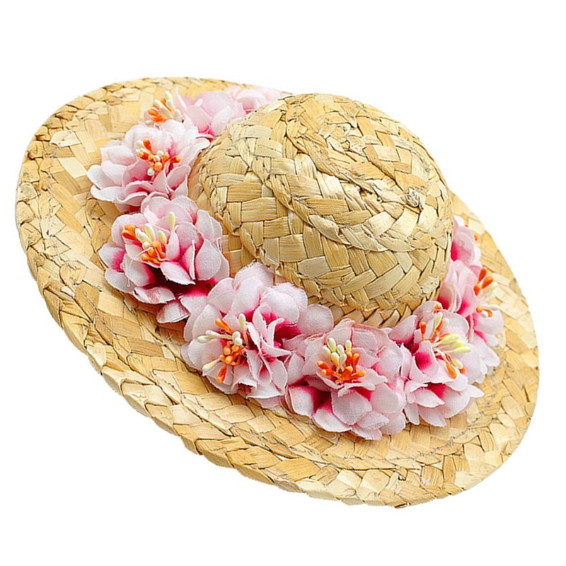 POPETPOP Pet Flower Straw Hat Dog Spring Summer Sunhat Cute Woven Straw Hat Costume Accessory Size S (Pink Flower) Medium