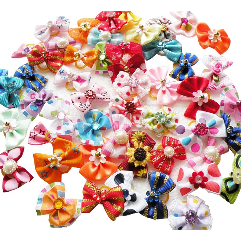 RIMOBUL 50PCS Yorkie Pet Hair Bows with Rubber Bands, Cute Small Dog Hair Bows Pet Handmade Hair Bowknot Puppy