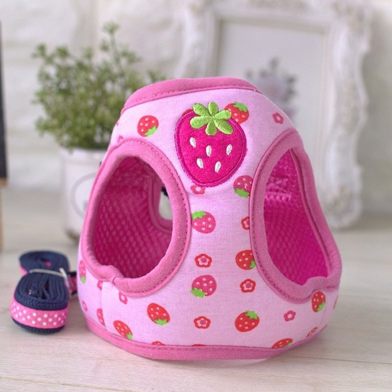 Stock Show Small Pet Summer Spring Cute Cartoon Harness Vest and Matching Polka Dots Lead Leash Set Breathable Soft Mesh Padded Adjustable Chest Strap Hareness for Puppy Kitten Small Animal S Pink