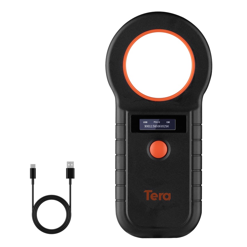 Tera Animal Tag Reader Pet Microchip Scanner with OLED Display Screen Portable RFID Rechargeable Data Storage 2.4G Wireless & Wired USB EMID FDX-B(ISO11784/85) for Animal Management, Black W90D