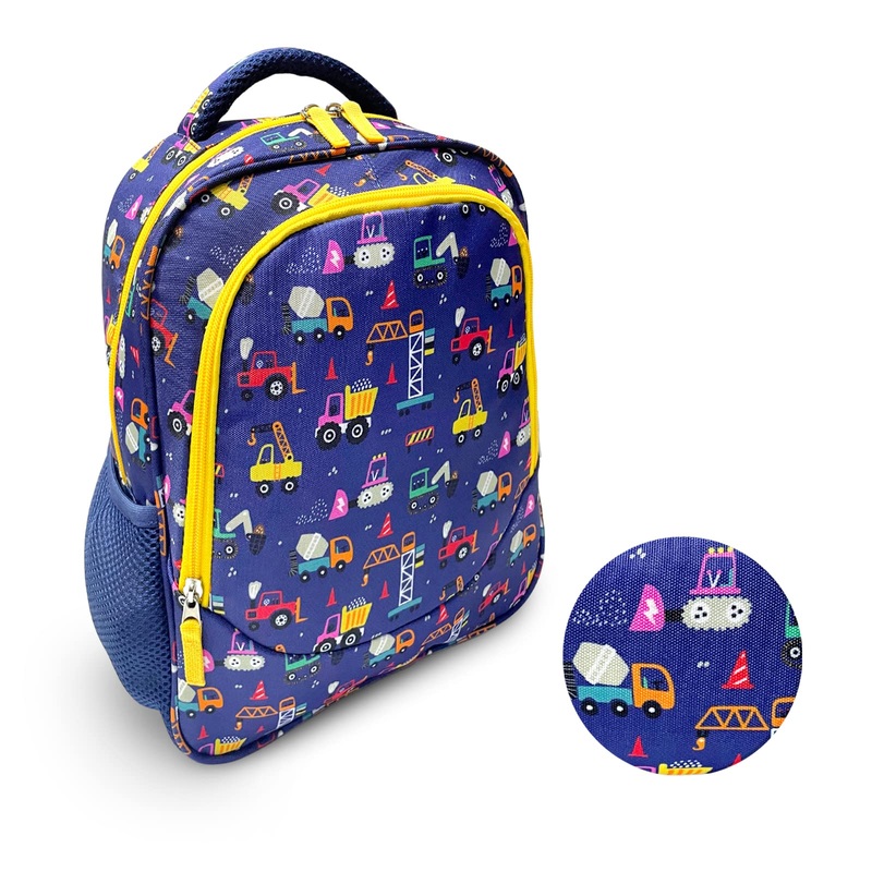 Toddler Backpack for Boys, Cute 13 Daycare PreSchool Kindergarten Elementary School Boy Backpacks, Water Bottle Pocket Holder, Insulated Padded Bags for Toddlers Kids Travel Bag, Blue Yellow Trucks