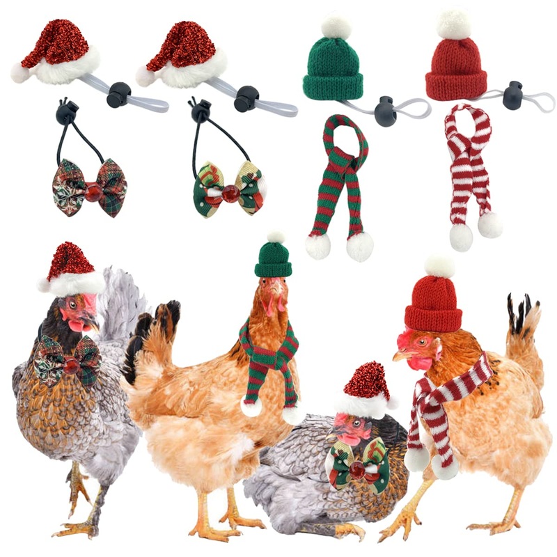 Vehomy 8Pcs Christmas Chicken Hats Scarves and Bowties for Hens Xmas Chicken Santa Claus Hat Woolen Hat with Adjustable Chin Strap Chicken Bow tie Scarf for Poultry Hen Rooster Duck Parrot