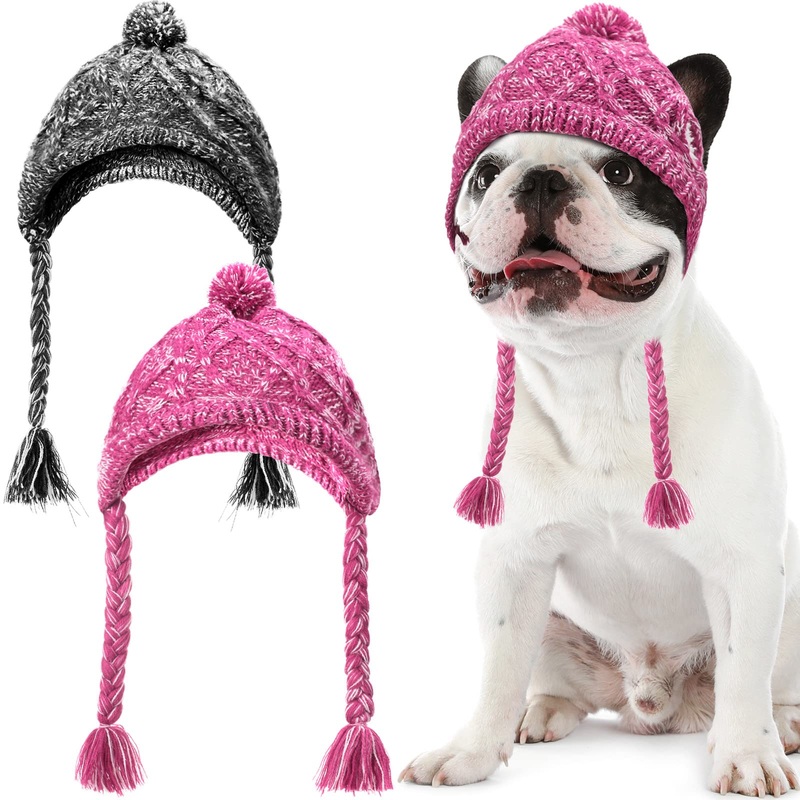 Winter Dog Hat 2 Pieces Warm Pom Hat Party Knit Dog Beanie Puppy Dog Cap with Ear Holes Pet Knitted Snood Headwear for Christmas Cat Clothes Costume, Medium, Grey and Purple