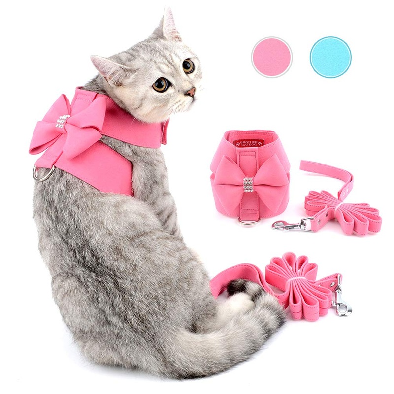 Zunea Pet Dog Vest Harness for Small Dog Girl Bow Tie No Pull Soft Suede Leather Puppy Harness Leash Set Adjustable Bling Rhinestone Cat Kittens Harnesses Escape Proof for Walking Running S (Neck: 10″; Chest: 12″,for 3-5 lbs) Pink